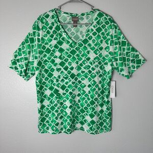 Chicos Top Size 3 US(XL) Green White Geometric Print V-Neck 1/2 Sleeve‎ Knit